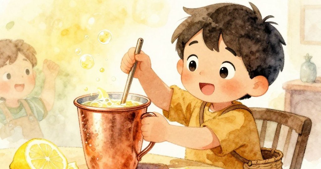 지로가 컵 속 레몬 에이드에 물과 레몬즙을 섞으며 작은 거품이 피어오르는 활발한 순간을 생동감 있게 표현한 따뜻한 분위기의 장면입니다.