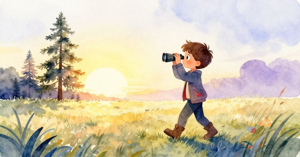 Eli手持雙筒望遠鏡在寬闊草地上行走，剪影映襯夕陽餘暉，臉上流露期待與好奇之情。