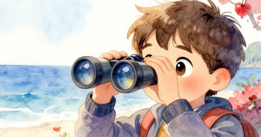 Eli專注調整雙筒望遠鏡，眼神中映出冒險與驚喜，臉龐在金色光線下充滿堅定與好奇。