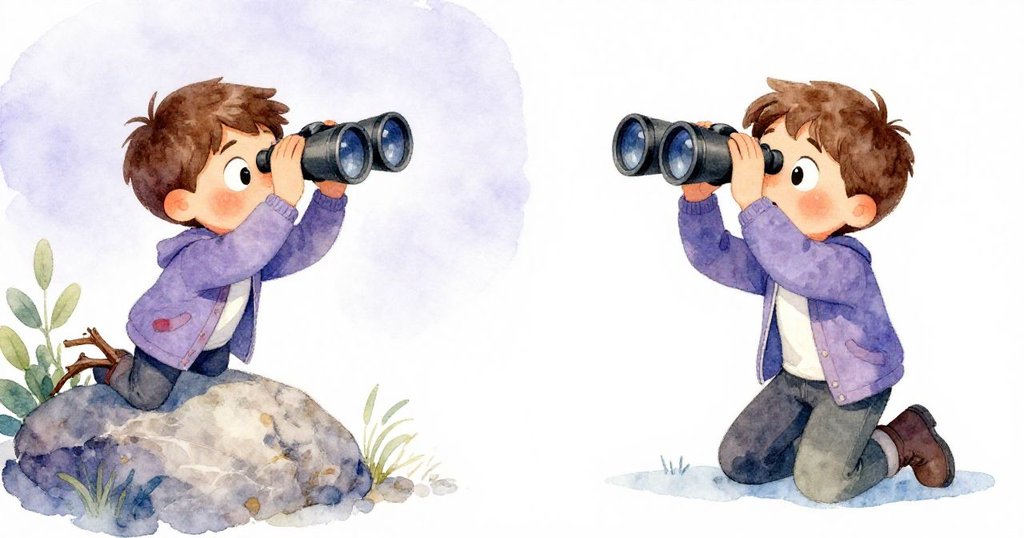 Eli驚訝發現雙筒望遠鏡被樹枝勾住，一邊鏡筒滾落石上，他彎腰搜尋失落物品，臉上流露驚異。