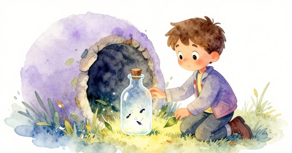 Eli蹲在樹洞旁，輕撥枯葉與石子，發現瓶中隱藏著三隻發光螢火蟲，眼神充滿驚奇。