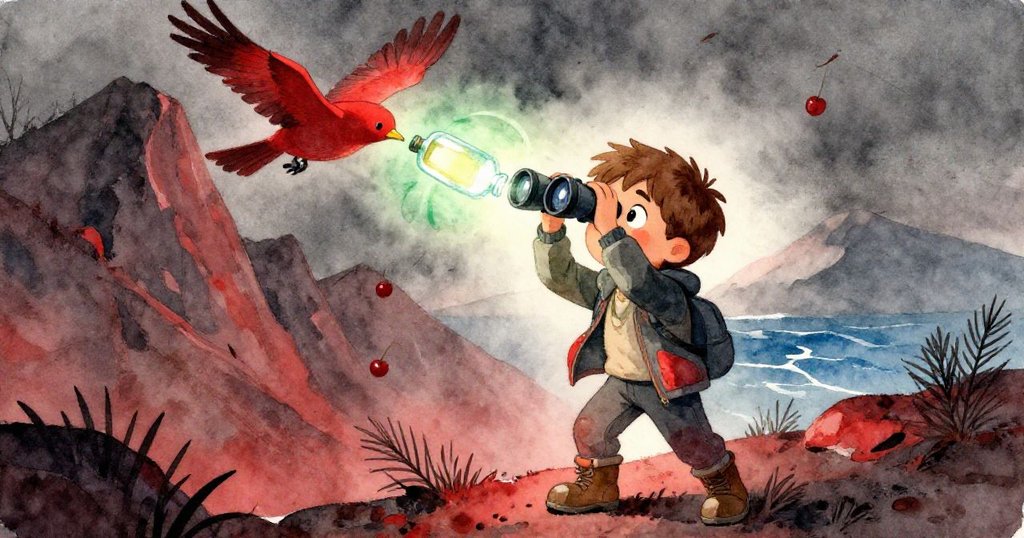 Eli急忙撿起滾動雙筒望遠鏡並扶穩發光瓶，山鳥掠過松樹針葉紛飛，他神情專注而果斷。