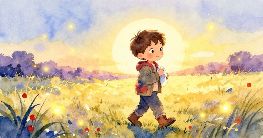 Eli擦拭袖口灰塵，帶著滿足微笑走向家的方向，夕陽與飛舞螢光交織成溫暖寧靜的景象。