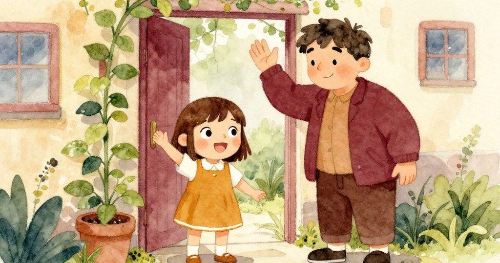 미아가 고민하는 가운데 이웃 톰이 문에서 손을 흔들며 높은 식물을 옆으로 밀어내는 모습을 보여주는 결정적인 순간, 협력의 따뜻함이 느껴져요.