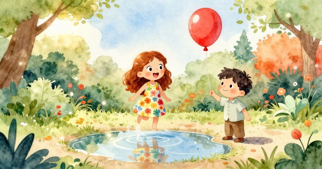水たまりにレナとベンの表情が映り出され、温かい庭で風船の騒動に驚きと楽しみを感じる瞬間の情景。