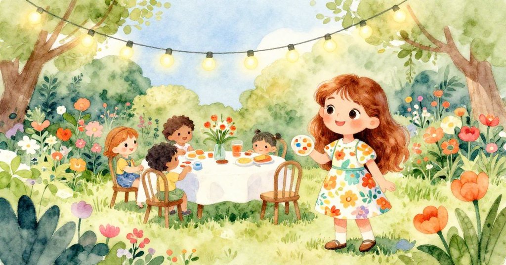 レナが夏の庭で咲き誇る花や緑の芝生、輝くライトに触れ、自然の美しさと季節感を感じる明るい情景。