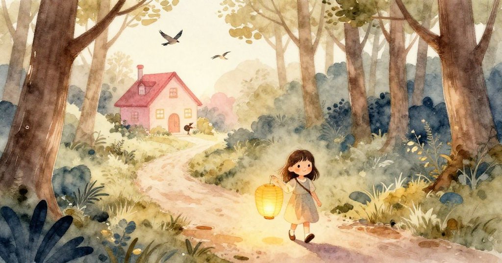 리나는 밝은 노란 종이 등불을 들고 숲길을 따라 걸으며 멀리 집과 새소리가 어우러진 따스한 자연 속에서 나아가는 모습을 보여준다.