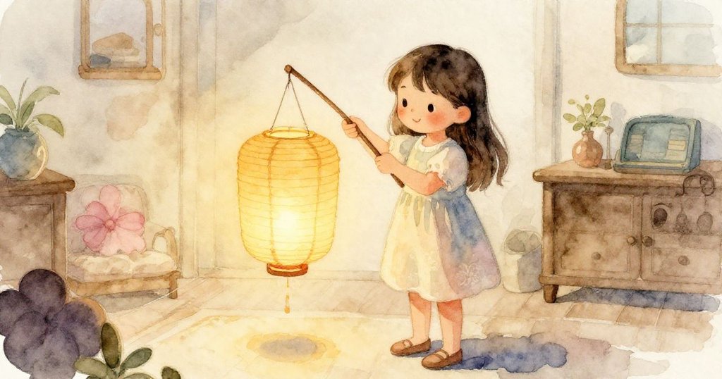 리나는 따스한 집 안에서 기분 좋은 음악 소리와 함께 젖은 등불을 긴 막대로 조심스레 고정시키며 부드러운 미소를 짓고 있다.