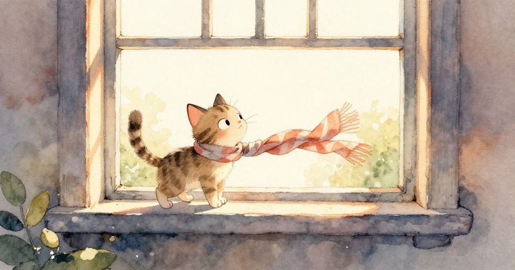 温かい太陽の光を背に、猫のランプが大きな窓前をしなやかに歩き、尾をふわりと振る姿が描かれています。