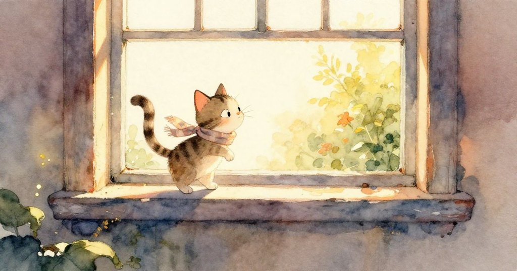 猫のランプが近くに置かれた長いスカーフに興味津々で鼻を近づけ、前足で素早く引っ張る様子が、温かい室内で生き生きと描かれています。