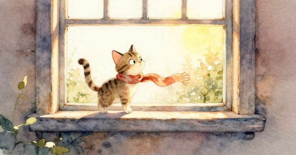 猫のランプが高い縁に向かって跳躍する一方、床でスカーフが滑り ramp状に整う瞬間が、躍動感と温かい光のコントラストで描かれています。