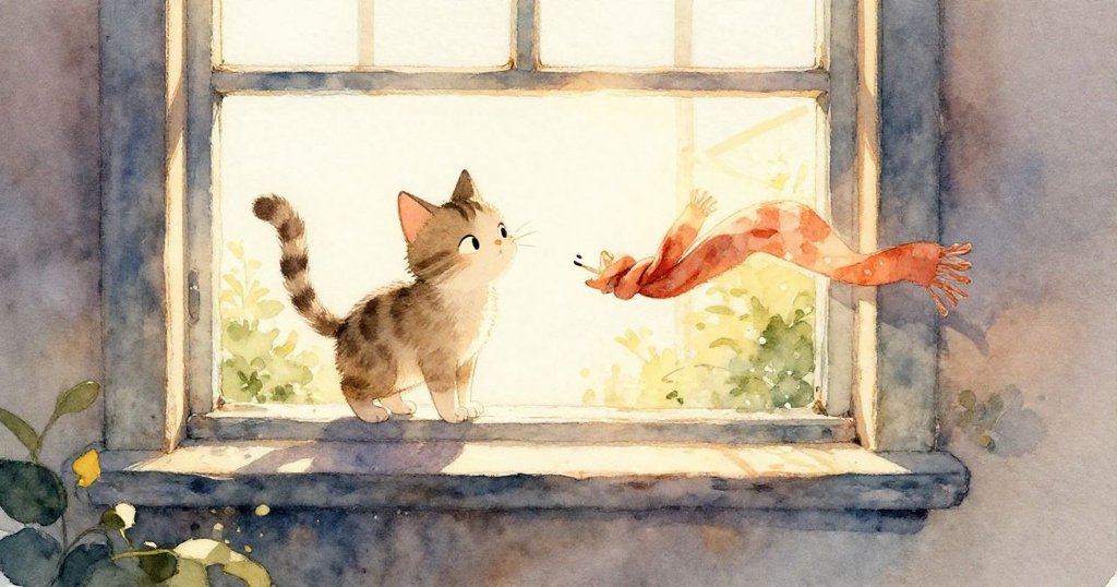 猫のランプがスカーフの作ったラップを登り、隠された日差しの差す居心地の良い隠れ家を発見する姿が、温かい色で丁寧に表現されています。