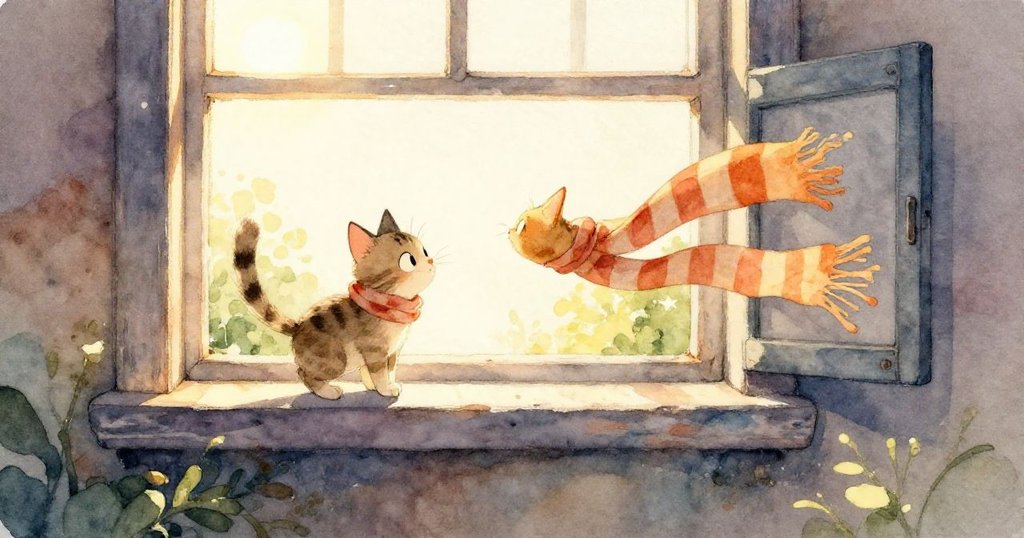 猫のランプが縁の上で転がるおもちゃのネズミに足をぶつけ、驚きと心地よいあくびを見せる瞬間が、明るく遊び心たっぷりに描かれています。