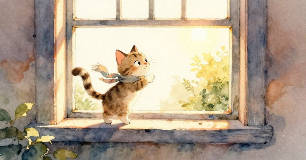 猫のランプが温かな夕日に照らされながら窓際の縁で丸くなり、ゆったりと大きなあくびをする姿が、穏やかで満足感あふれる情景で描かれています。