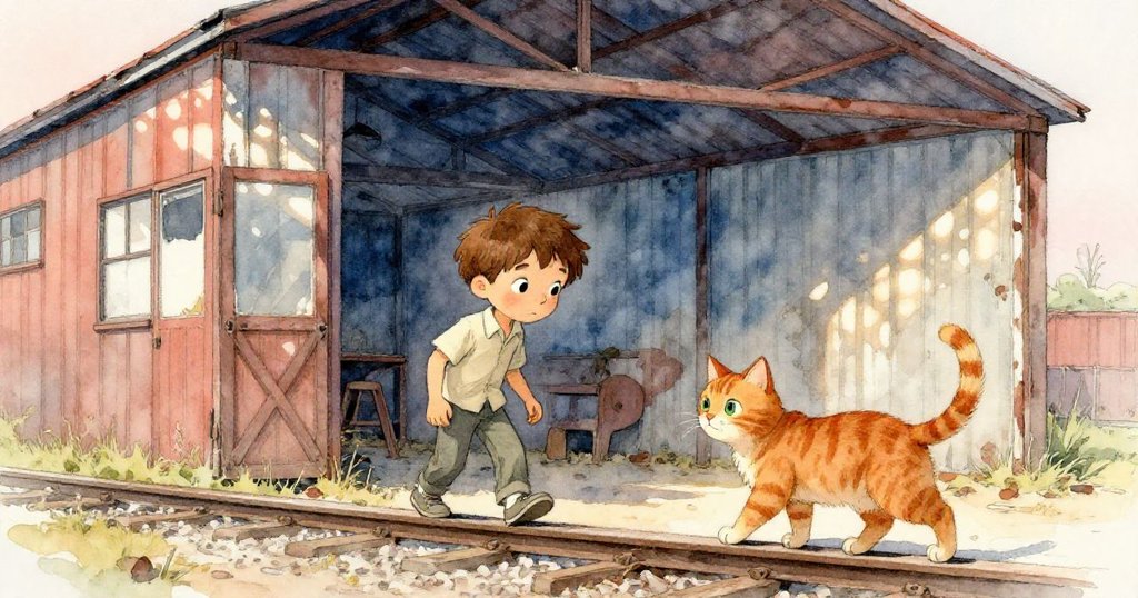 Sam好奇地踏入破舊鐵路棚，姜貓沿著木樑輕步走過，斜角視角展現神秘與探索氛圍。