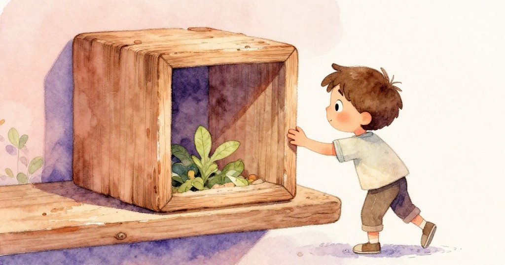 在棚內微距畫面中，Sam伸手觸摸陳舊木盒，呈現濕潤木紋與細節，充滿期待與探索情感。