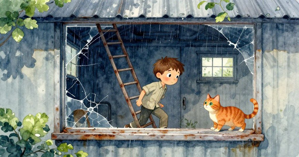 透過破舊窗戶，Sam正拉動生鏽梯子，姜貓好奇注視，外雨拍打金屬屋頂，展現冒險與動感交織的場景。