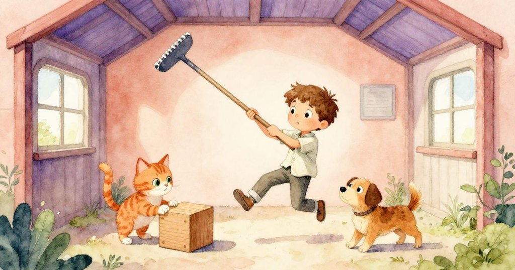 在超現實空間中，Sam用繩綁耙子揮動，激起木盒輕移，姜貓與小狗旁觀，氣氛中透露著創意與緊張並存。