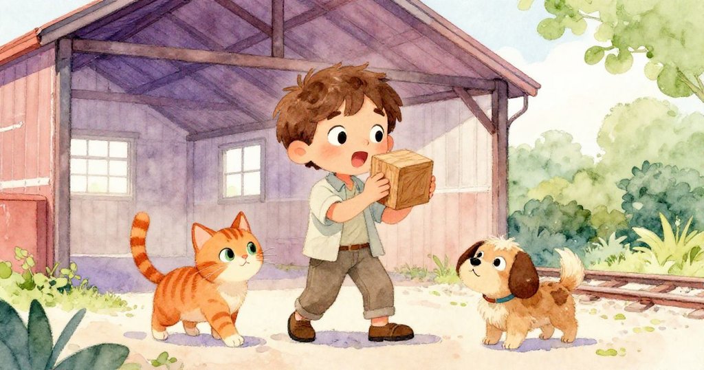 在明亮棚內，Sam歡欣舉著濕潤木盒，姜貓輕拍滴水落葉，小狗俏皮打噴嚏，充滿成功與快樂情緒。