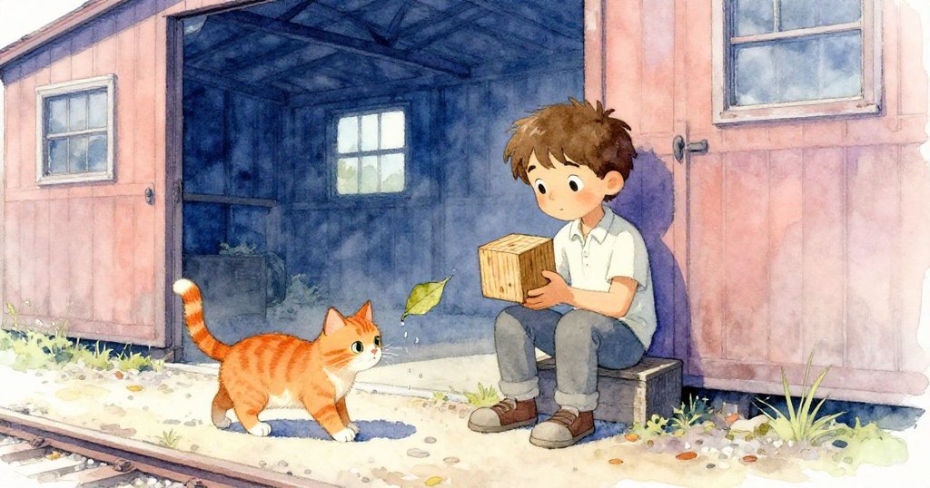 在寧靜棚角，Sam疲憊卻滿足地坐著手握變化木盒，姜貓輕拍滴水落葉，沉浸在平和與溫暖中。