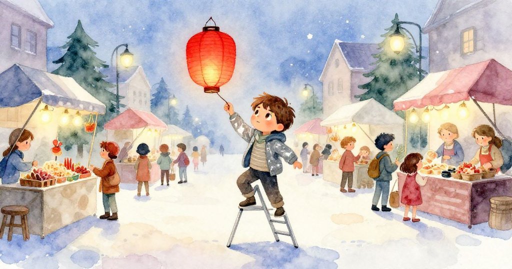 羅恩踏入熱鬧市集，手持紅燈籠與梯子，與攤販互動，夕陽餘暉映照石板路，充滿期待與活力。