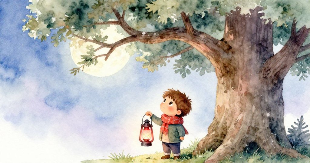 羅恩走向古橡樹，仔細觀察樹皮與擴展的枝條，手中的紅燈籠散發柔和光芒，表情充滿敬畏。