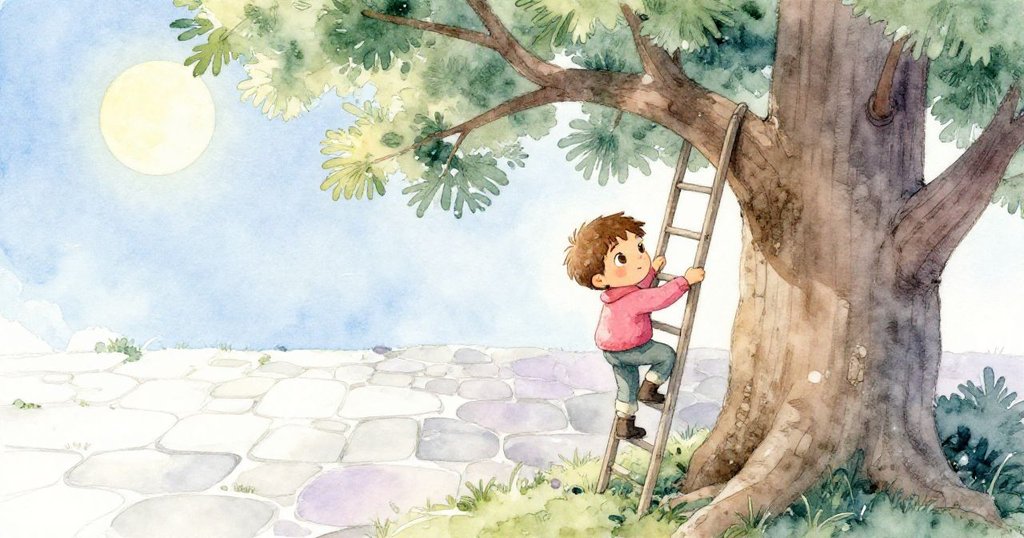 羅恩在橡樹旁展開梯子，身受微風挑戰，小心翼翼攀爬，表情堅毅，背景為石板路和月光。