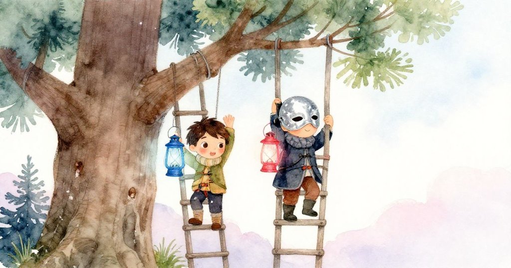 羅恩與戴銀面具神秘人物默契合作，共同調整燈籠繩索與梯子，展現無聲連結，背景為古樹與夜色。