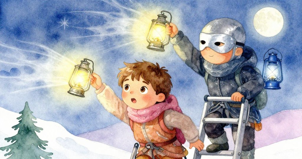 在攀爬高處的瞬間，羅恩與神秘人物停下調整燈籠繩索，眼神堅定而互信，背景有風中搖曳的塵埃與月光。