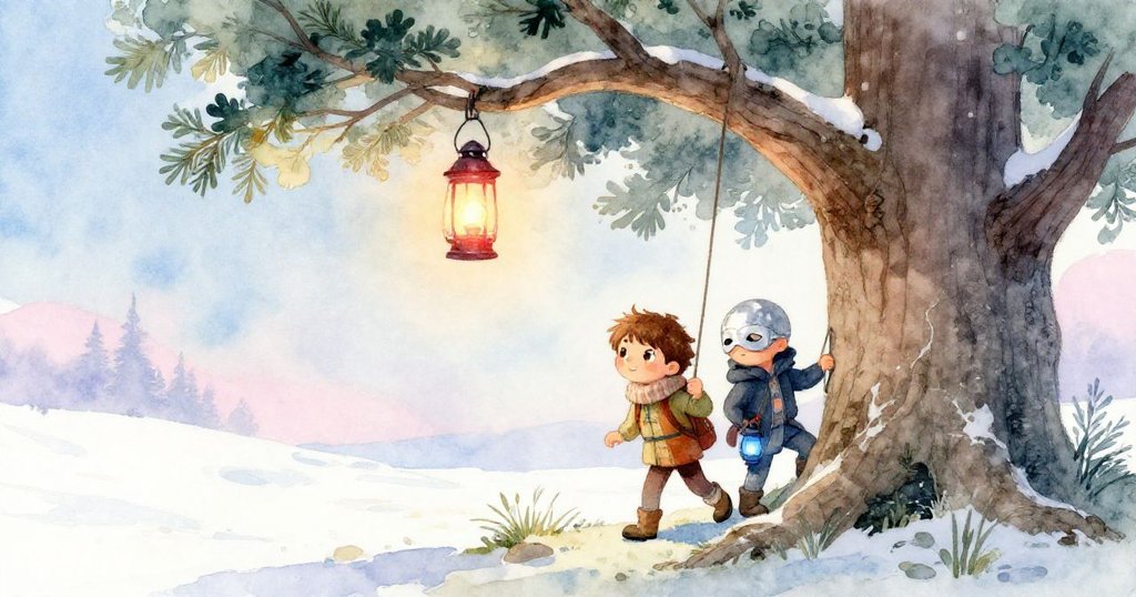 羅恩與神秘人物協力將紅藍燈籠放置在古橡樹枝上，燈光輕搖映照夜歸人，充滿希望與溫暖的結局。