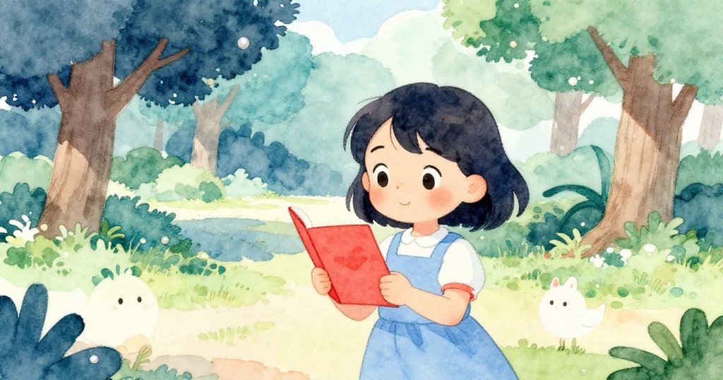 さくらが温かい日差しの下、静かな公園で赤い招待状を手にして期待に満ちた表情で立っている情景