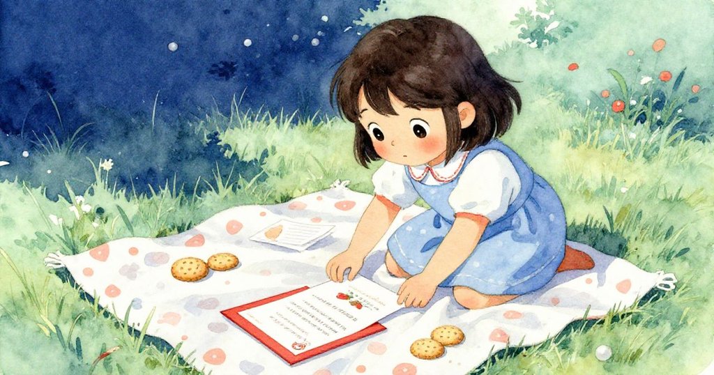 さくらが芝生に柄の布を広げ、赤い招待状と一緒に小さなクッキーと感謝のメモを丁寧に配置している様子