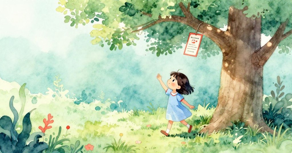 高い木に向かって歩むさくらが、上から見下ろされる視点で捉えられ、招待状が高い枝に挟まれている様子
