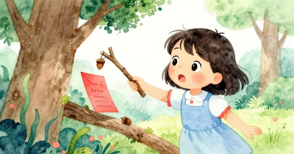 さくらが短い棒で低い枝を叩き、招待状とどんぐりがゆっくり降りる様子に驚きと好奇心を見せる瞬間