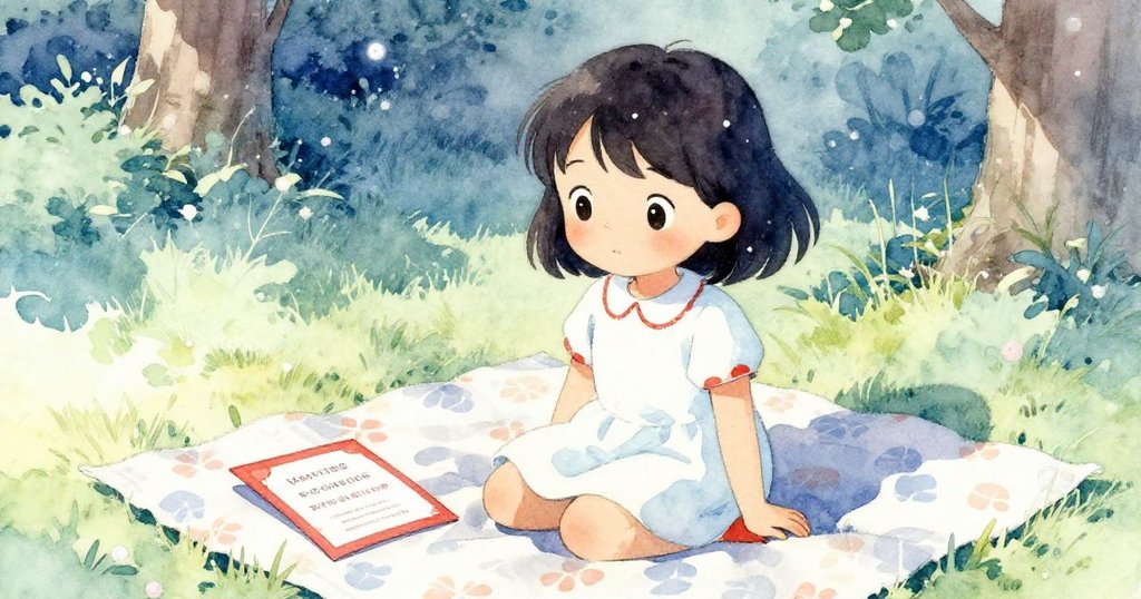 さくらが芝生に座り、布の上に静かに戻った招待状を眺めながら穏やかな笑顔で心を休めている様子