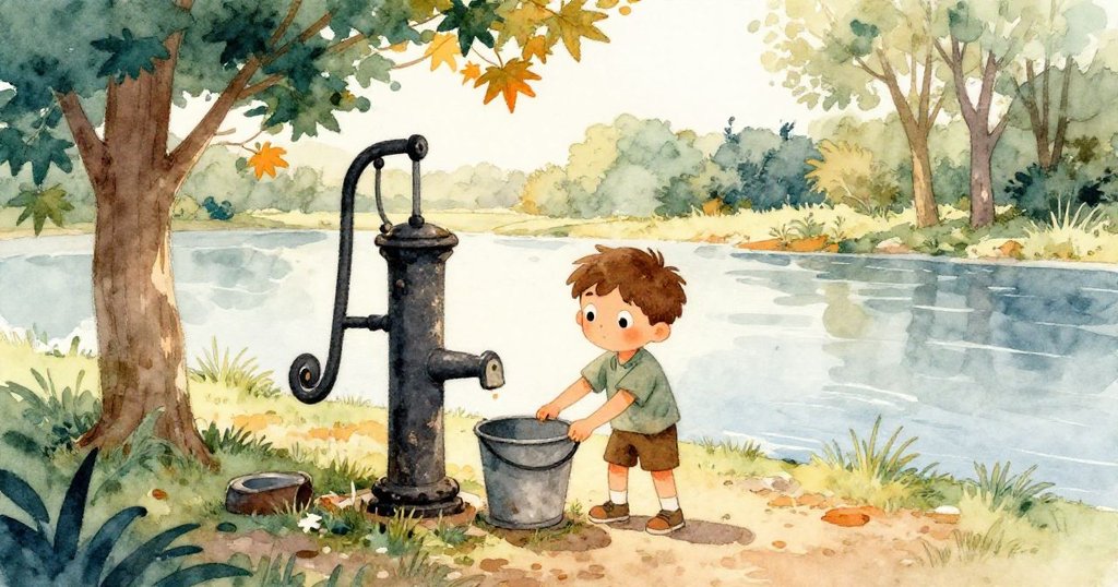 Milo在河邊操作生鏽抽水機，他期待且認真的表情點綴著廣闊自然風光, 展現春夏交替的美好時刻