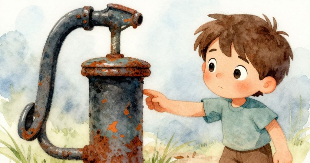 Milo正細看生鏽抽水機的細節, 輕觸破舊水桶與脫落的漆皮, 表情中透露好奇與專注