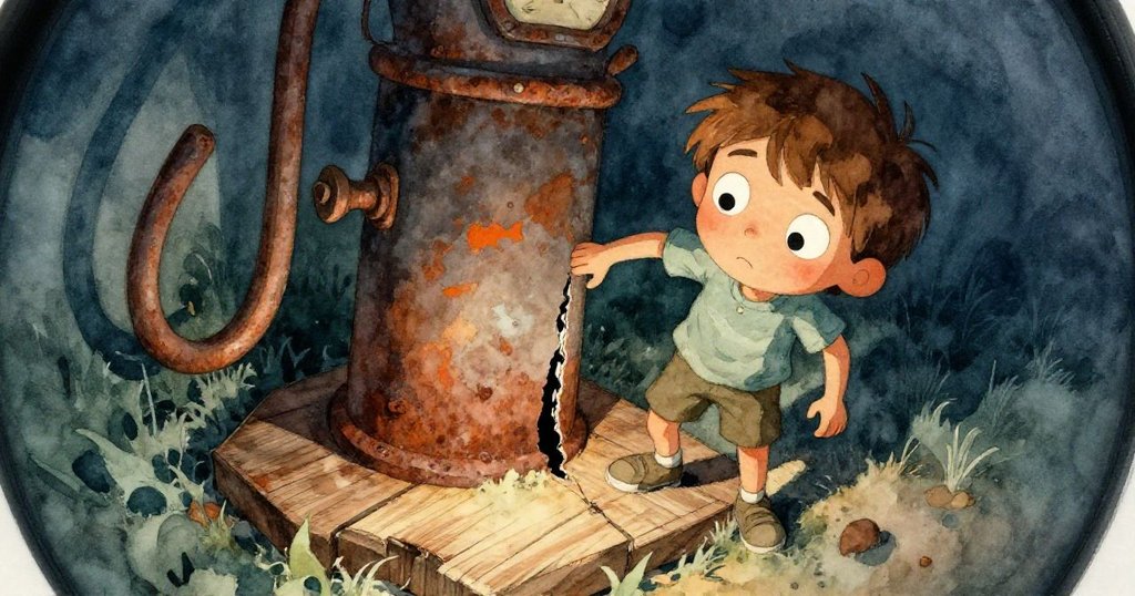 Milo俯身檢查抽水機底部歪斜的木板, 畫面扭曲呈現神秘地下縫隙的奇特視角