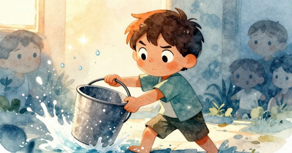 Milo正用力抓住水桶承接清流, 時間凍結於水滴閃光瞬間, 露出愉悅專注神情