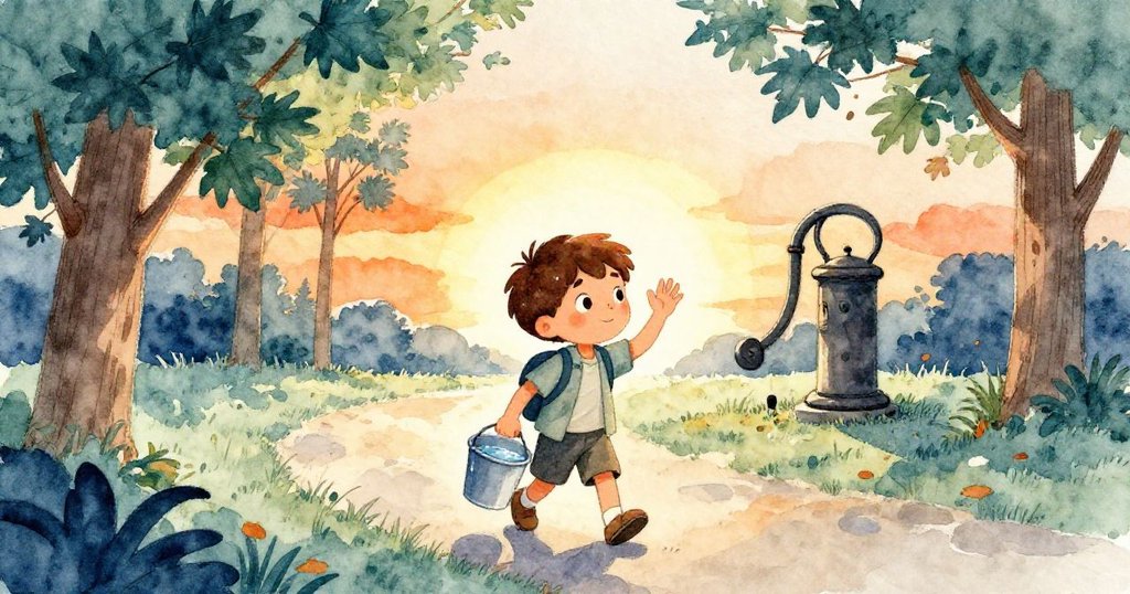 Milo滿足地將水倒向樹根後, 微笑著朝遠方告別, 夕陽映照下自然景色溫暖動人