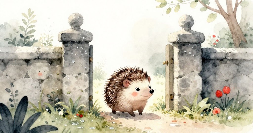 晨光中,一隻小刺蝟興奮地穿過石門進入濕潤的花園,路旁葉子上凝結著珍珠露珠。