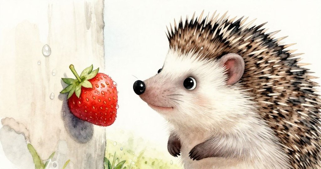 小刺蝟凝視著牆邊鮮紅草莓,眼中映出好奇與驚喜,露珠閃耀映襯清晨氛圍。