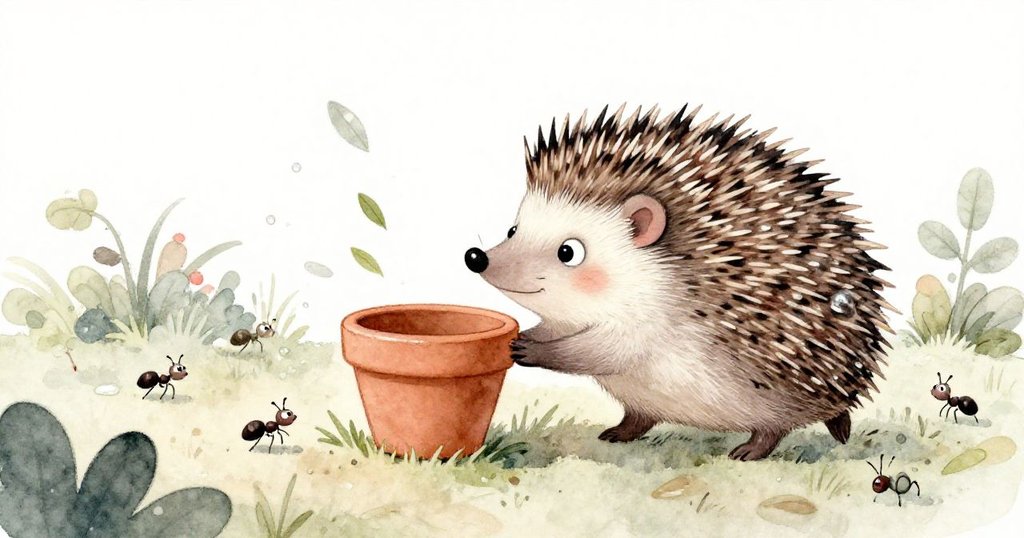 小刺蝟用力推動陶土花盆,背影透露堅定,路上細小螞蟻四散奔逃。