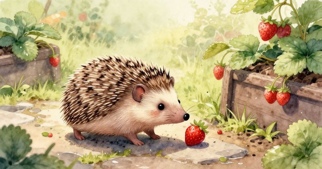 遠處漫步者走過石板路,輕風搖曳青草,小刺蝟靜觀花園中細微變化。