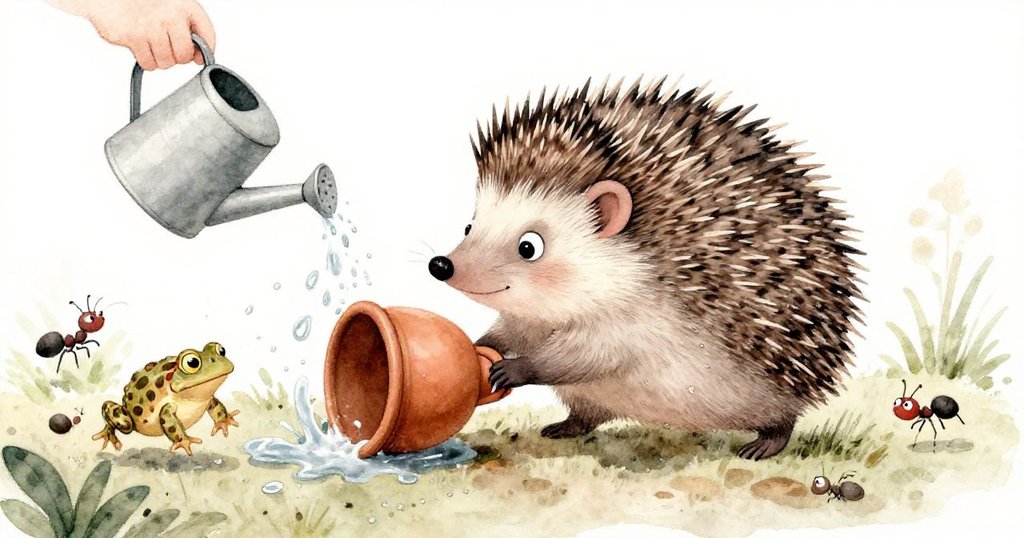 小刺蝟奮力推動陶盆滾動,水壺翻倒濕潤土壤,胖蟾蜍驚跳起舞,動感十足。