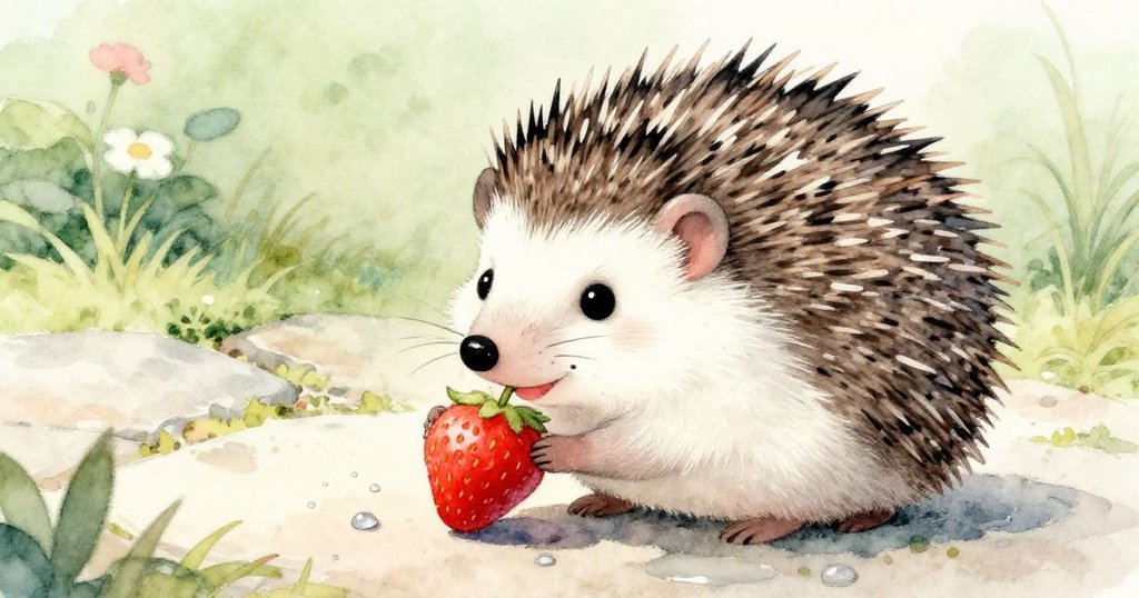 水珠滴落石板上,小刺蝟滿足咬食甜美草莓,臉上流露出寧靜與愉悅。