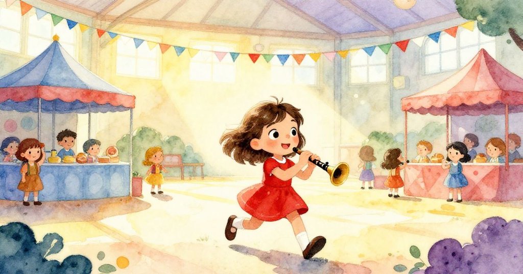 米拉在晨光中的學校展覽大廳中走進來，充滿期待和活力，背景裝飾明亮而歡樂。