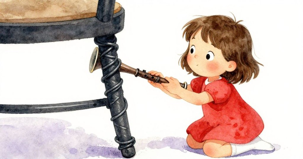 米拉專注地將小錄音機放在盤繞於椅腿上的黑色電線旁，手法細膩、神情充滿好奇。