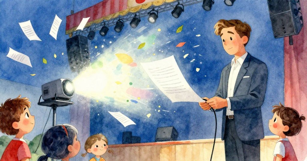 從低角度觀看舞台，投影機突然閃現亮麗畫面蓋住講者筆記，現場充滿驚訝與動態氣氛。