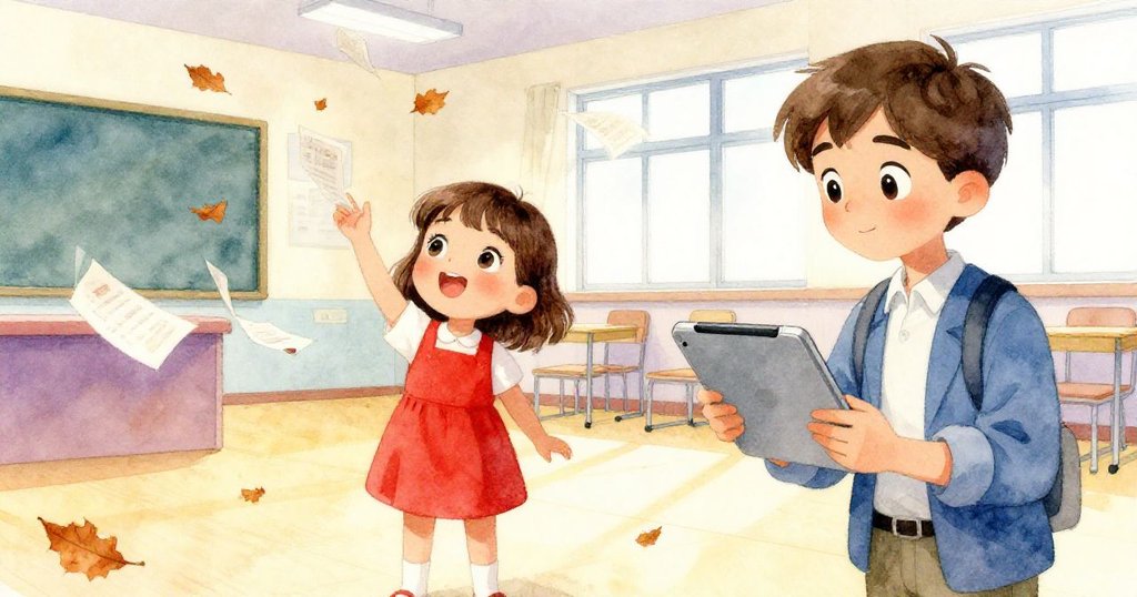 紙張如秋葉般在禮堂內紛飛，米拉彎腰收集傳單，年輕記者觀察筆記，現場氛圍溫暖而靜謐。